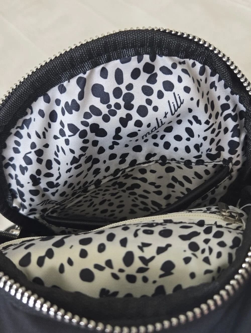 MALI + LILI Logan Black Nylon & Vegan Leather Sling Bag Crossbody Travel Street